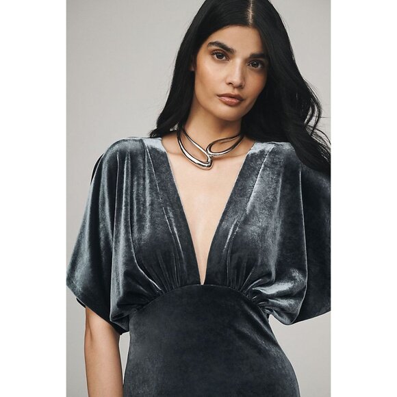 Anthropologie Gray BHLDN Amelia Deep-V Stretch Velvet Maxi Dress Size Large NEW - Picture 3 of 10